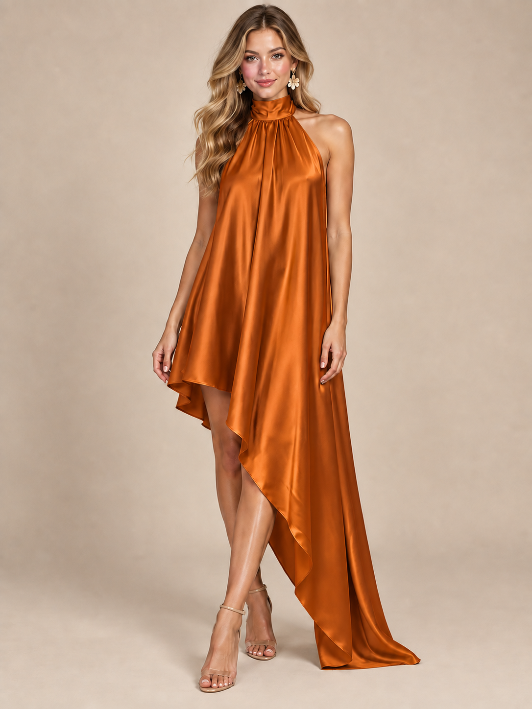 Sage Green Satin Halter Neck High-Low Maxi Dress