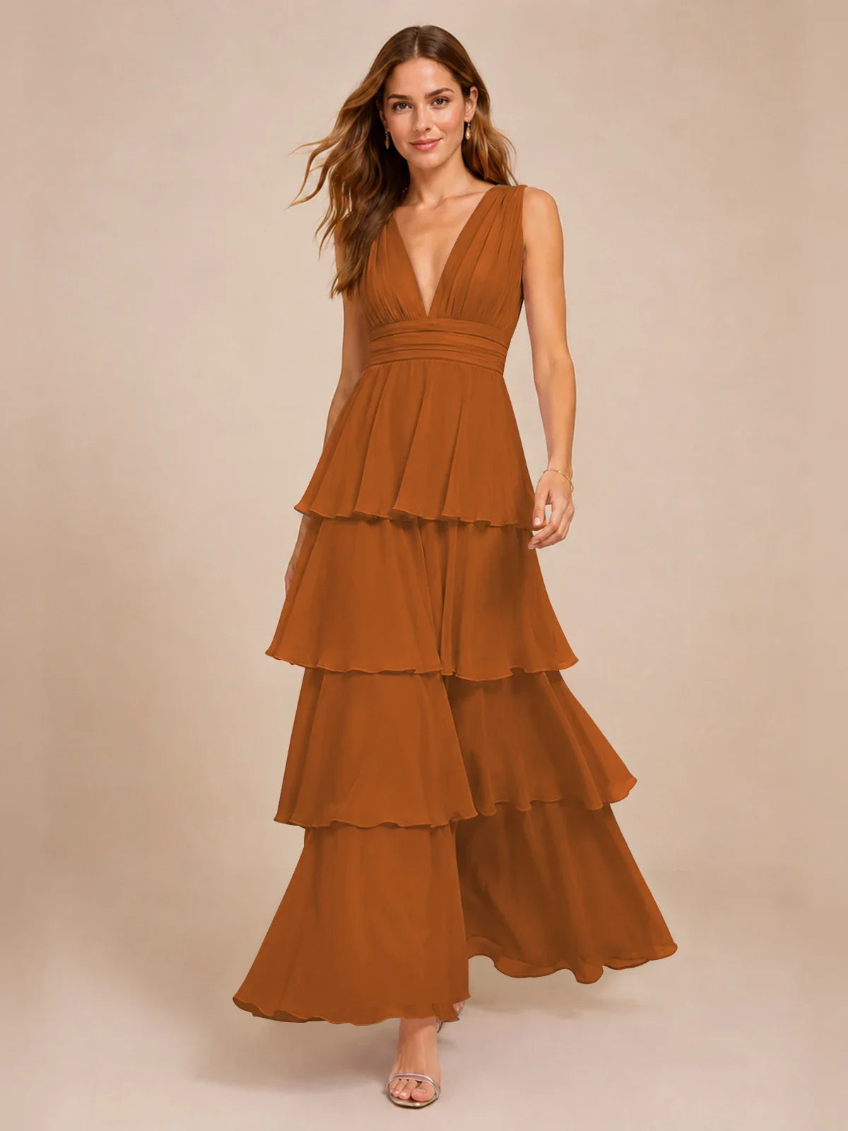Elegant Deep V Neck Chiffon Bridesmaid Dress with Tiered Ruffles