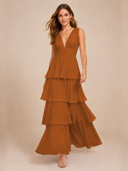 Elegant Deep V Neck Chiffon Bridesmaid Dress with Tiered Ruffles