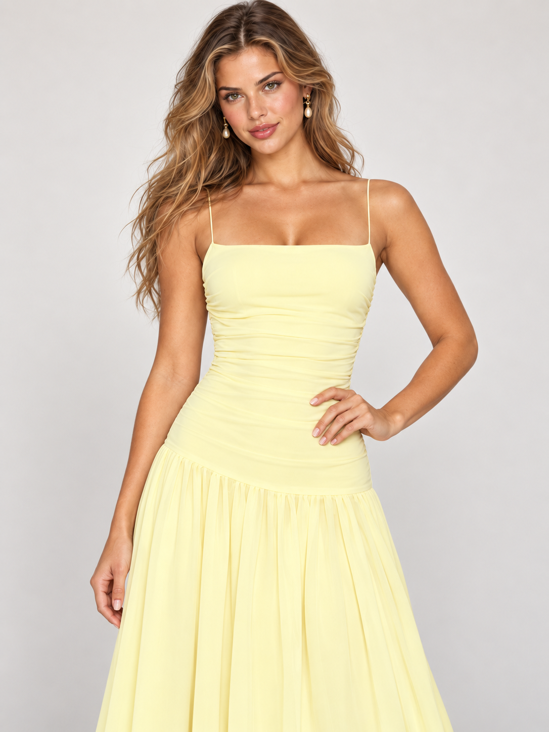 Butter Yellow Ruched Spaghetti Strap Drop-Waist Prom Dress