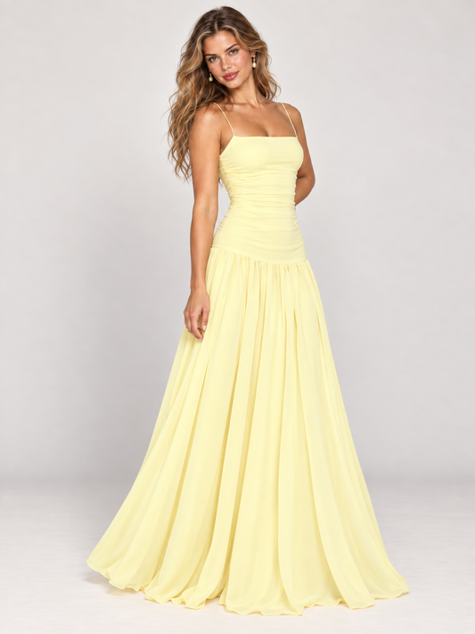 Butter Yellow Ruched Spaghetti Strap Drop-Waist Prom Dress