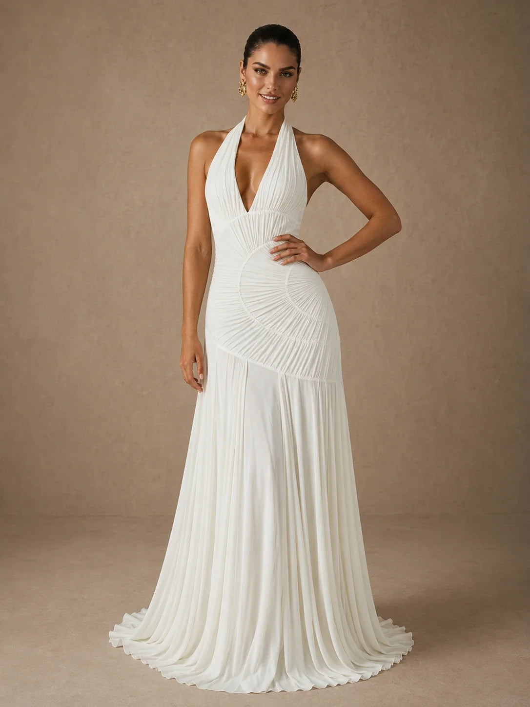 Calista White Ruched Chiffon Halter Wedding Dress