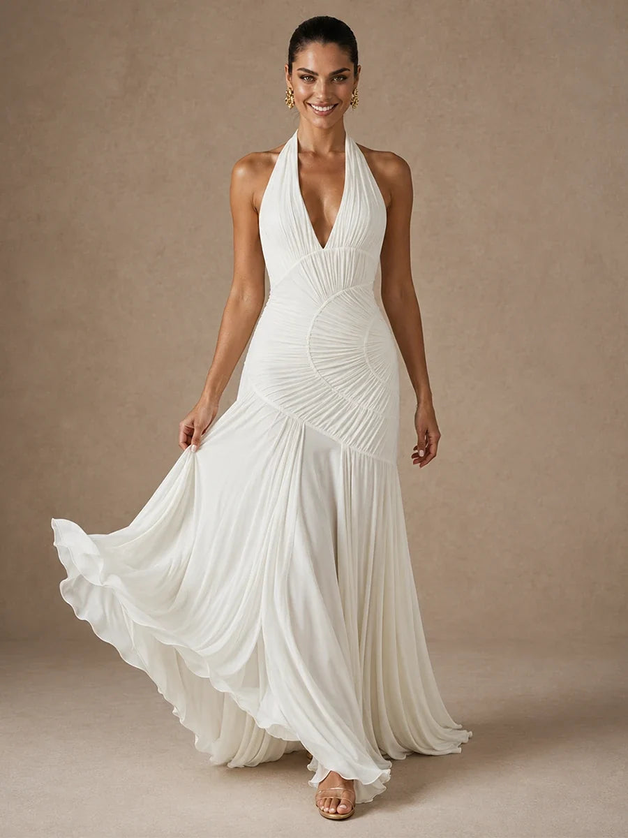 Calista White Ruched Chiffon Halter Wedding Dress