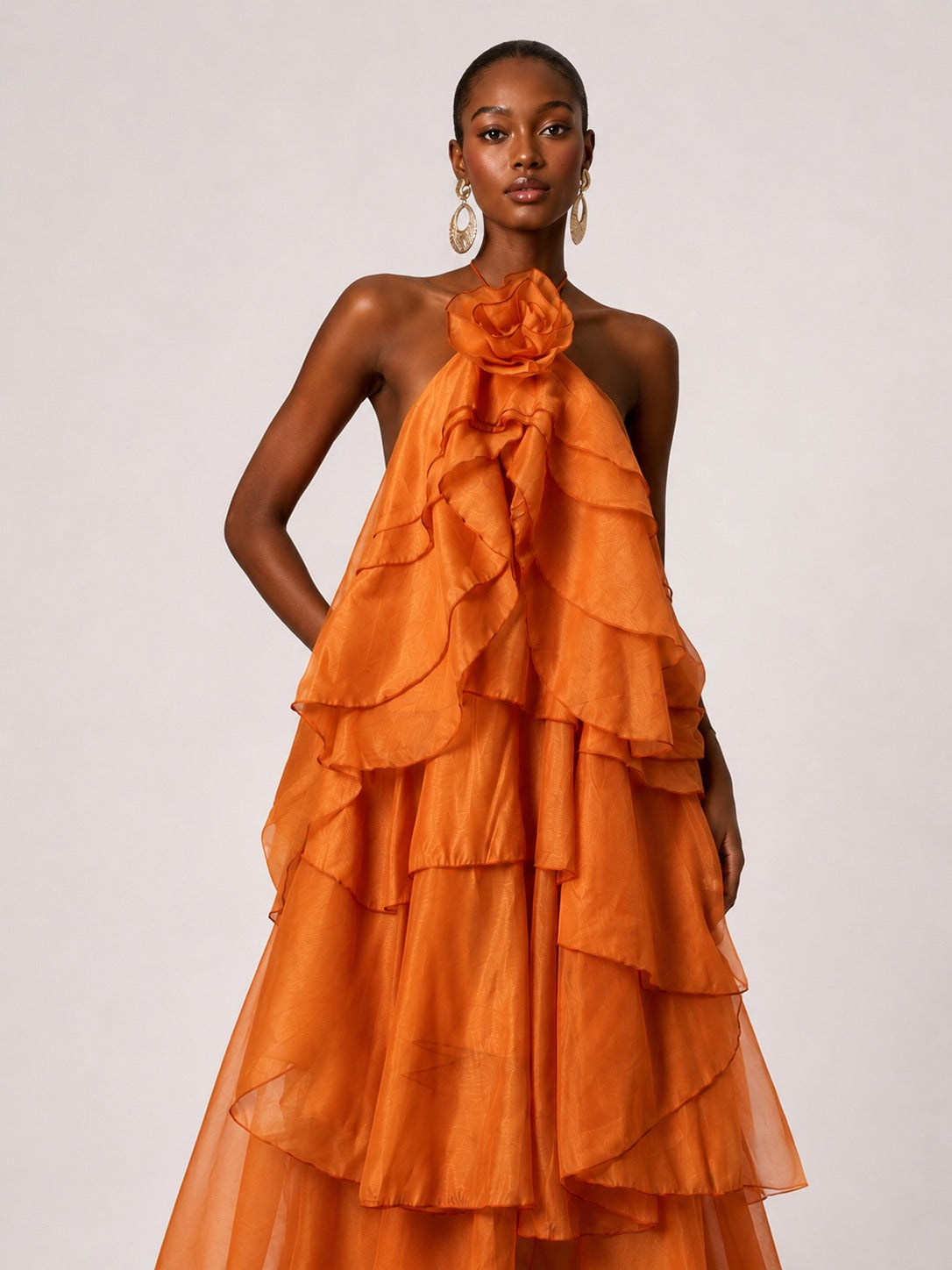 Orange Chiffon Halter Ruffle Maxi Dress with 3D Flower