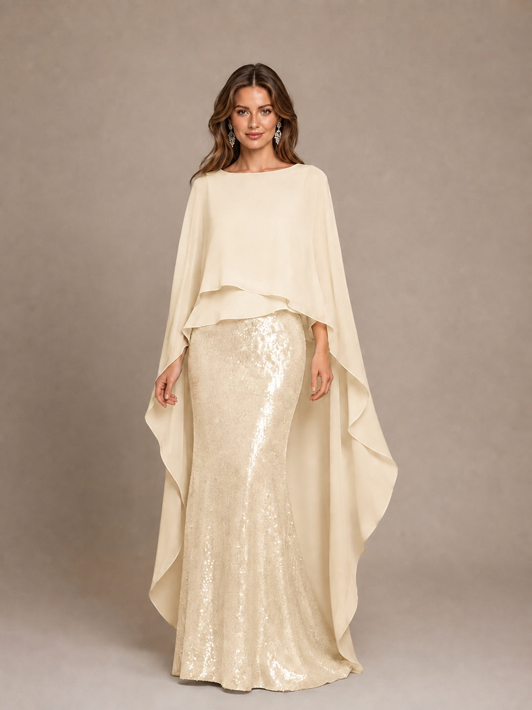 Sage Green Sequin Cape Sleeve Mother of the Bride Gown