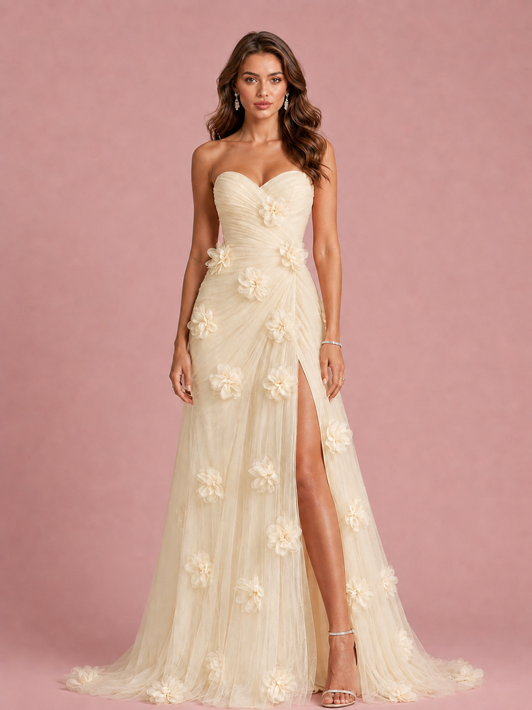 Pink 3D Floral Applique Strapless Tulle Prom Dress with High Slit