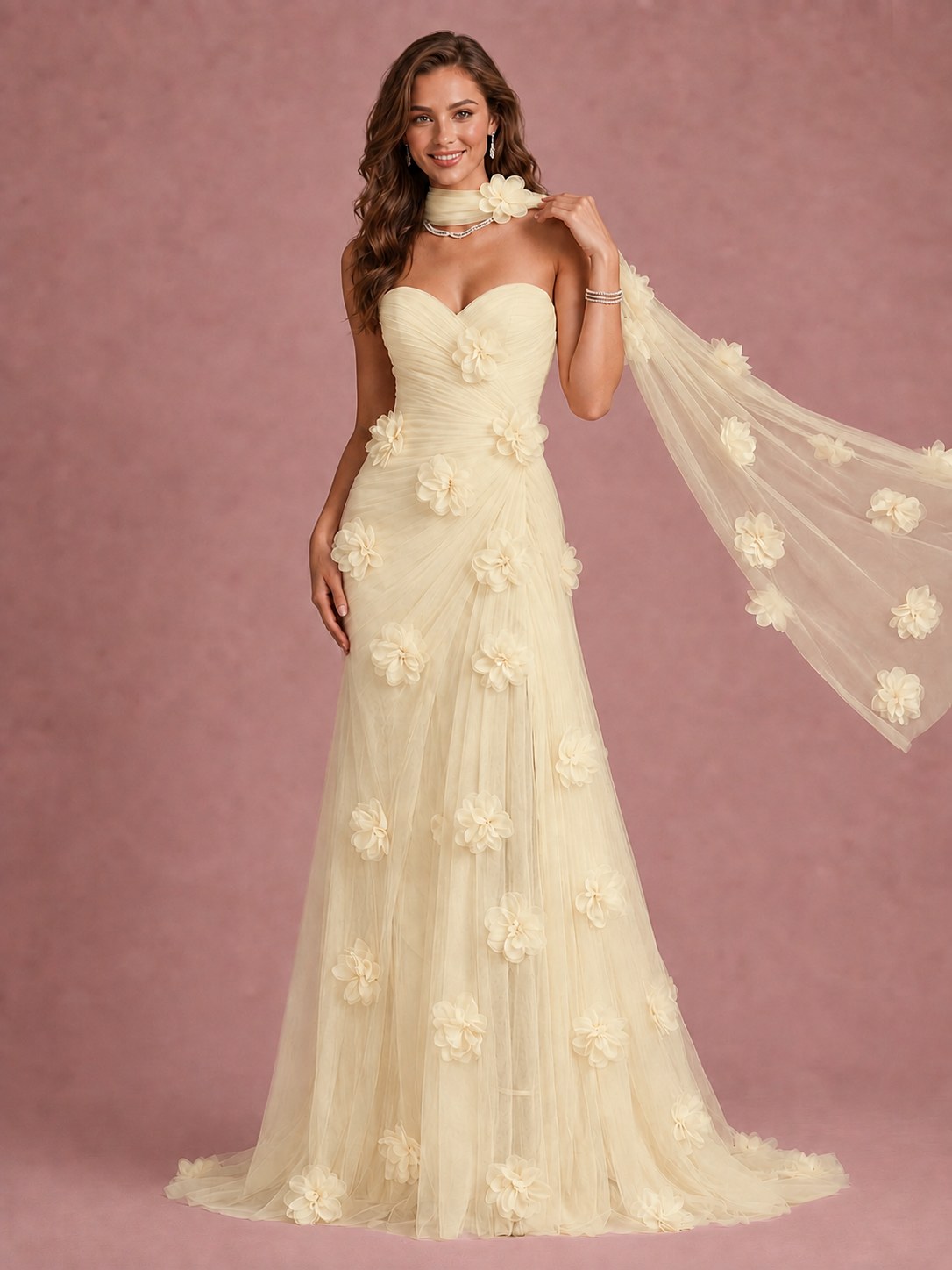 Blush Pink Strapless Sweetheart 3D Floral Tulle Mermaid Prom Dress