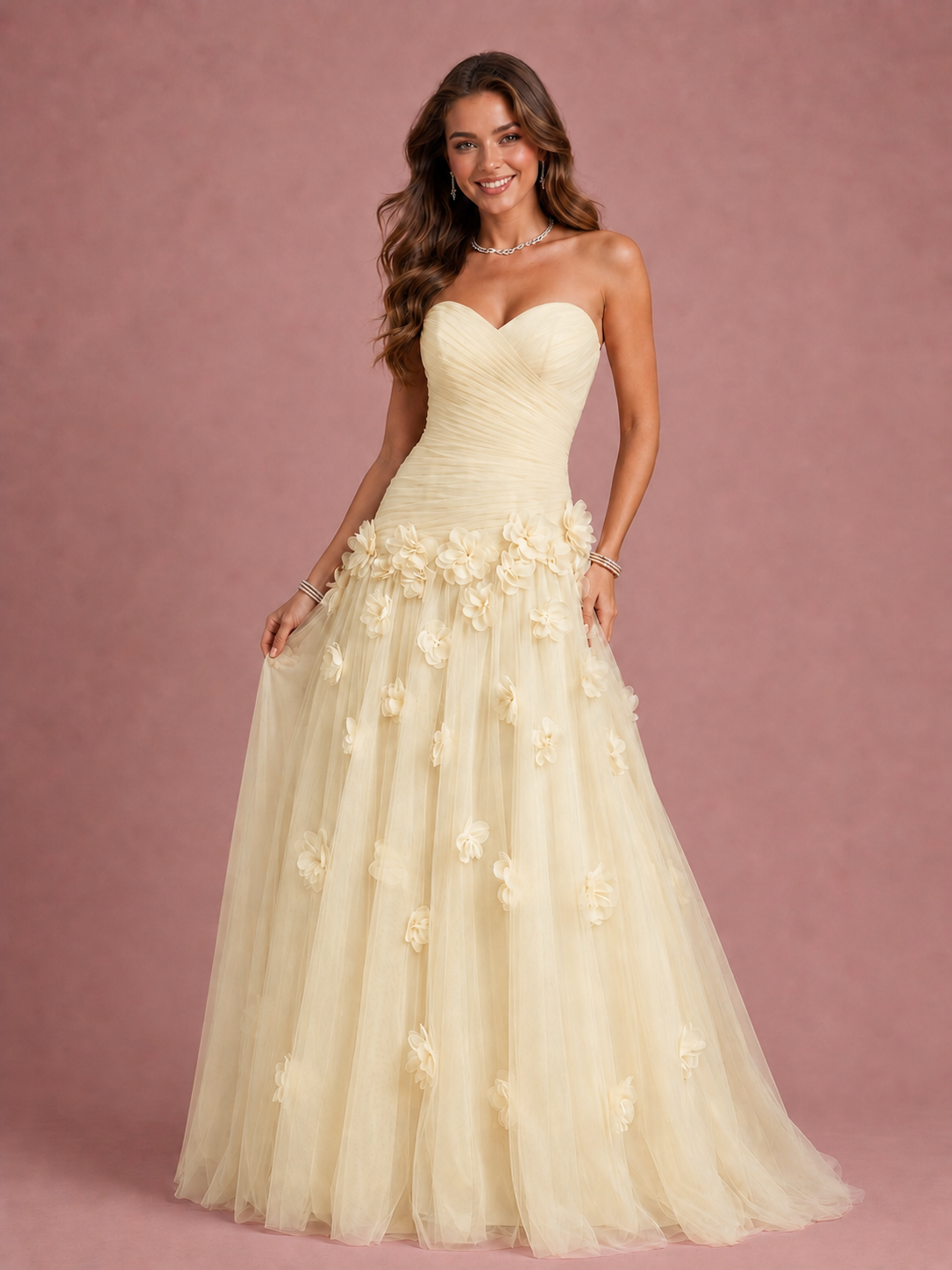 Blush Pink Strapless Sweetheart 3D Floral Tulle Ball Gown Prom Dres