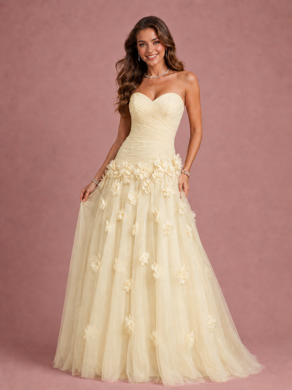 Blush Pink Strapless Sweetheart 3D Floral Tulle Ball Gown Prom Dres
