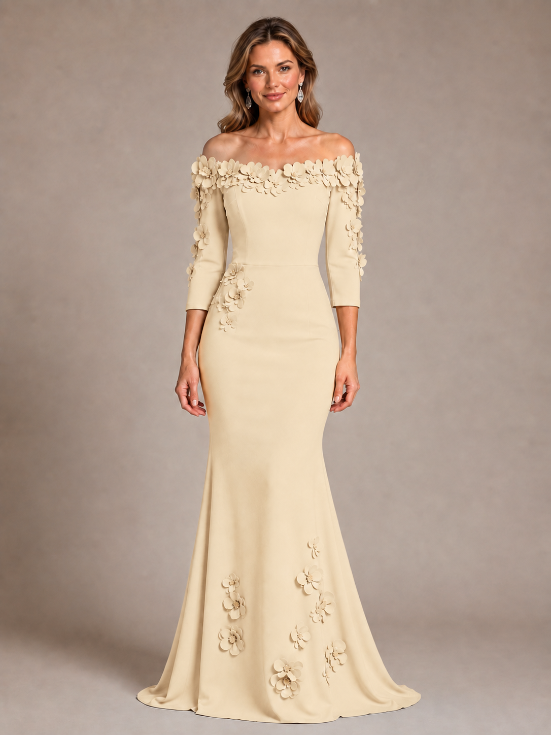 Light Blue 3D Floral Applique Off-the-Shoulder Mother of the Bride Dress