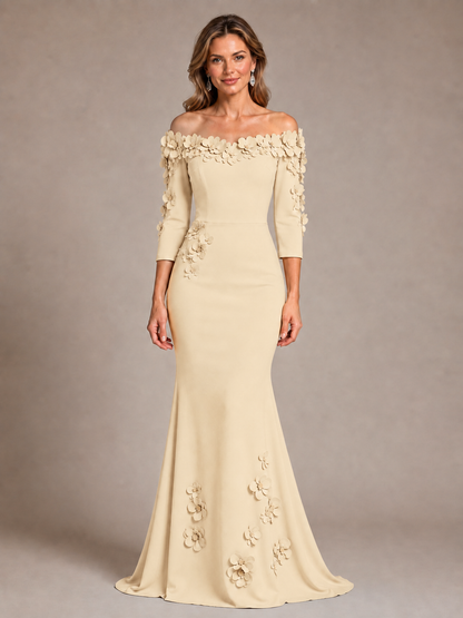 Light Blue 3D Floral Applique Off-the-Shoulder Mother of the Bride Dress