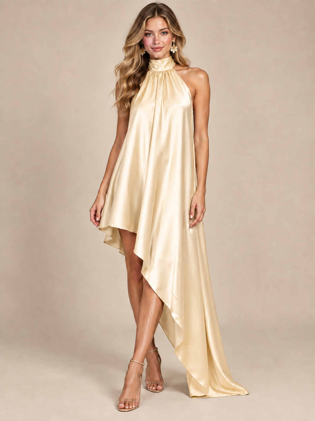 Sage Green Satin Halter Neck High-Low Maxi Dress