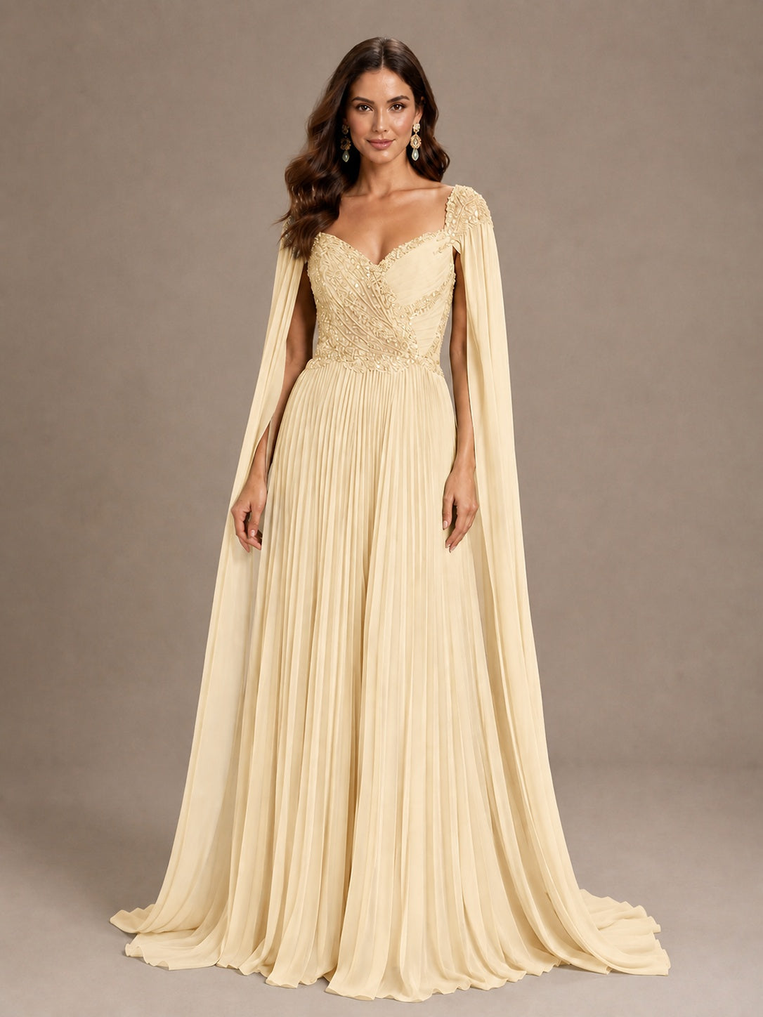 Sage Green Beaded Cape Sleeve Mother of the Bride Dress