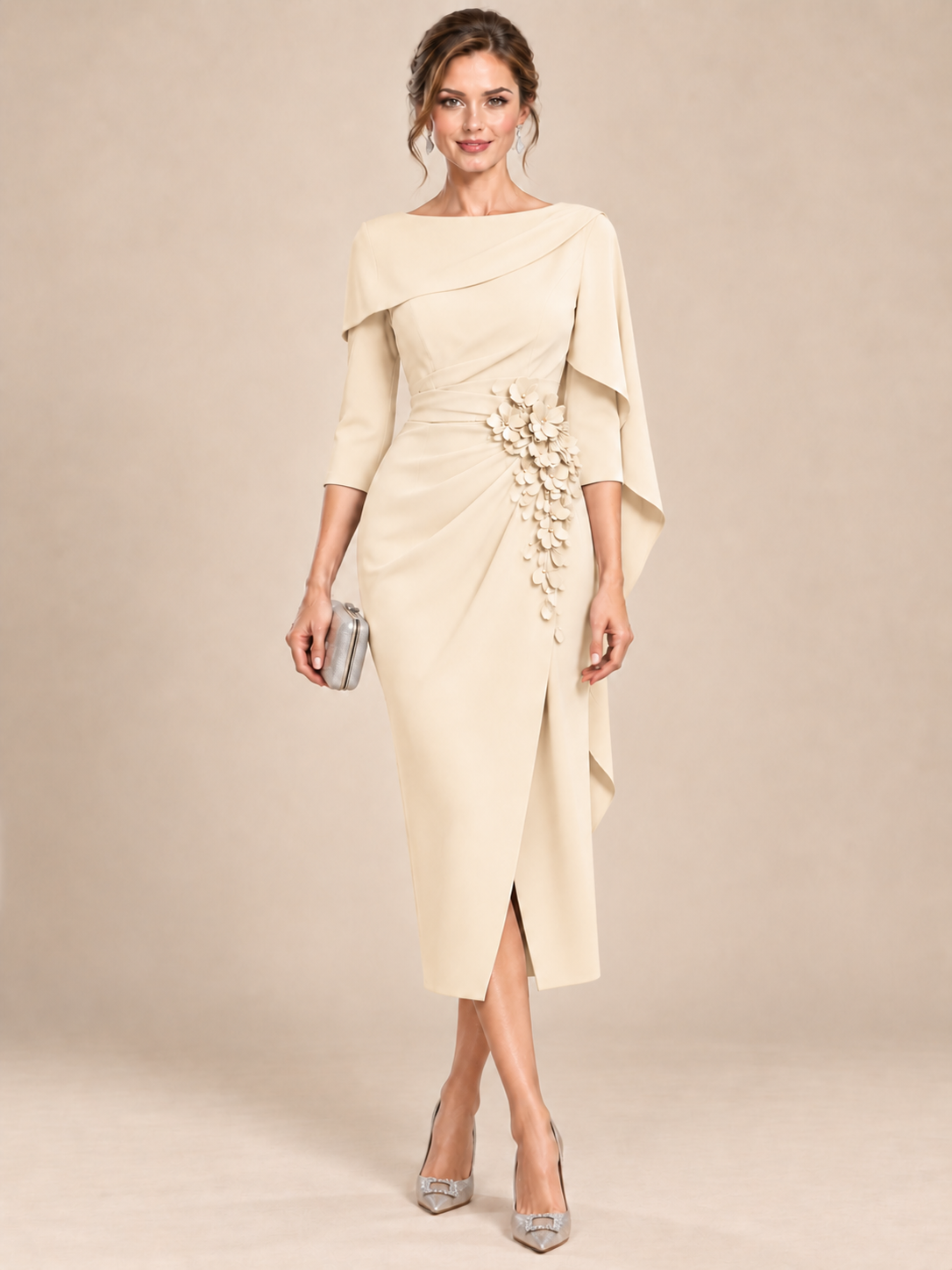 Light Blue Cape Sleeve Mother of the Bride Midi Dress with Floral Applique