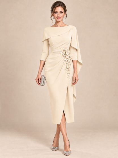 Light Blue Cape Sleeve Mother of the Bride Midi Dress with Floral Applique