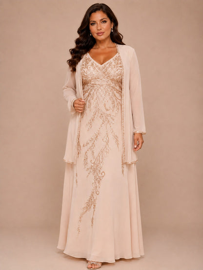 Champagne Beaded Chiffon Mother of the Bride Dress with Jacket V-Neck Gown