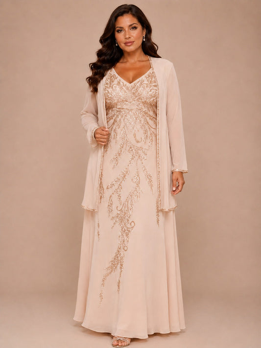 Champagne Beaded Chiffon Mother of the Bride Dress with Jacket V-Neck Gown