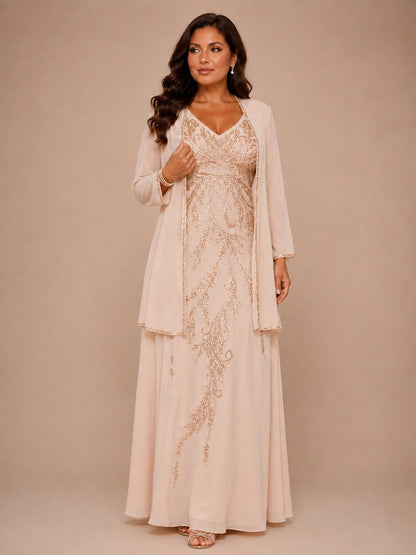 Champagne Beaded Chiffon Mother of the Bride Dress with Jacket V-Neck Gown