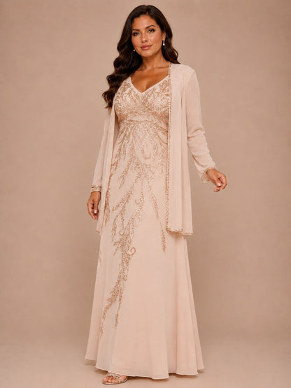 Champagne Beaded Chiffon Mother of the Bride Dress with Jacket V-Neck Gown