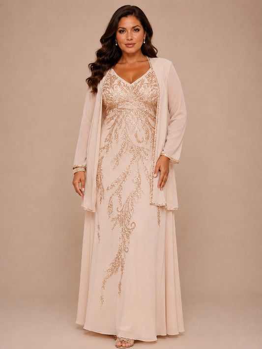 Champagne Beaded Chiffon Mother of the Bride Dress with Jacket V-Neck Gown