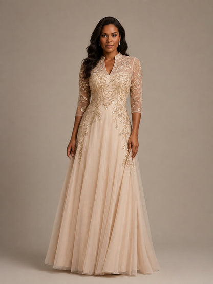 Champagne embellished mother of the bride dress with 3/4 illusion sleeves by venushours