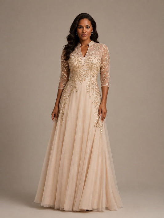Champagne embellished mother of the bride dress with 3/4 illusion sleeves by venushours