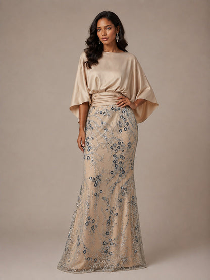 Champagne Embellished Mother of the Bride Dress with Cape Sleeves