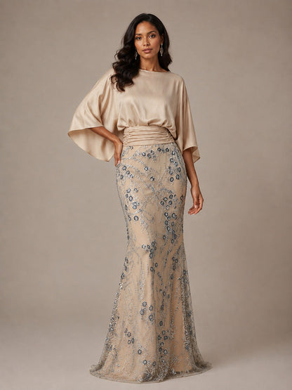 Champagne Embellished Mother of the Bride Dress with Cape Sleeves