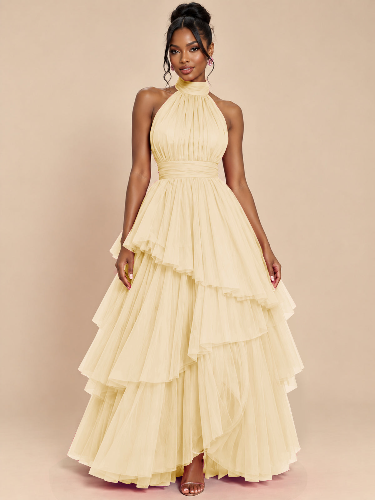 Hot Pink Tulle Halter Neck Tiered Ruffle Maxi Dress