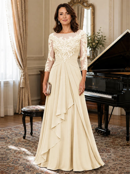 A-Line Chiffon Mother of the Bride Dress with Floral Applique 3/4 Sleeves