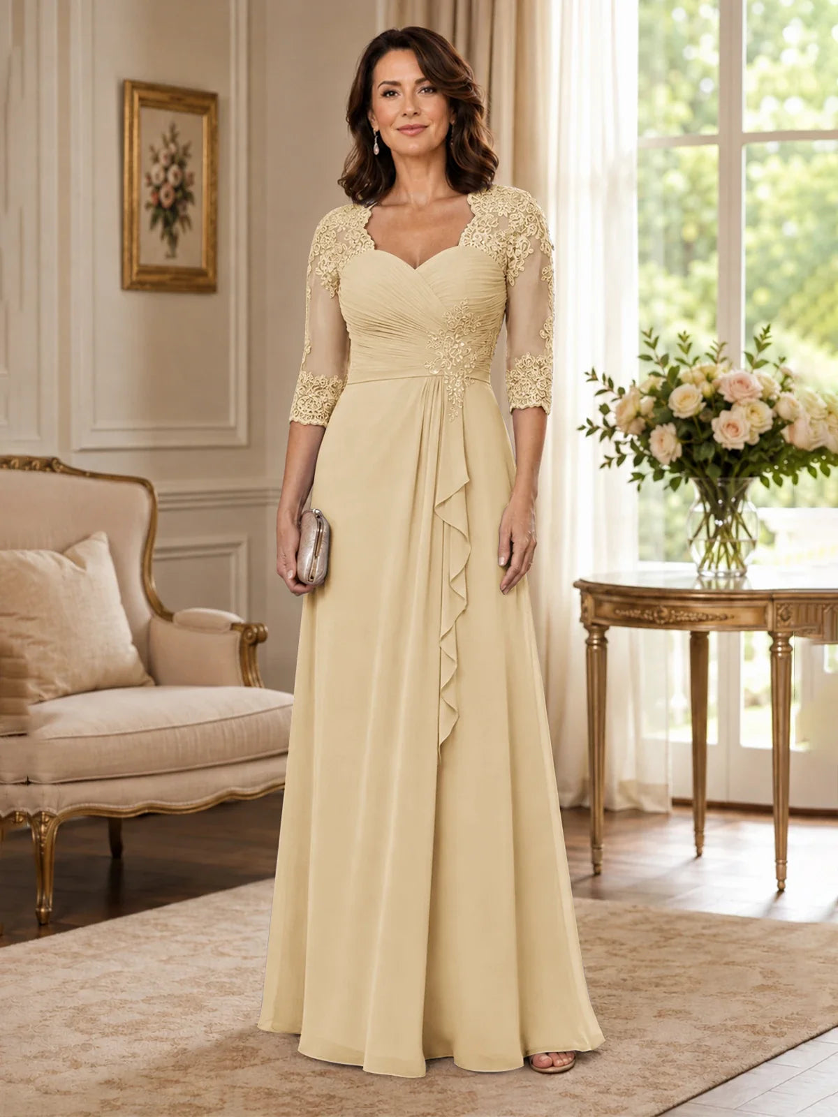 Chiffon Lace Applique Mother of the Bride Dress with 3/4 Sleeves