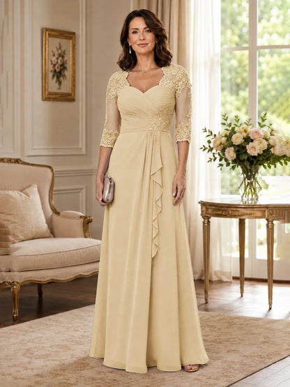 Chiffon Lace Applique Mother of the Bride Dress with 3/4 Sleeves