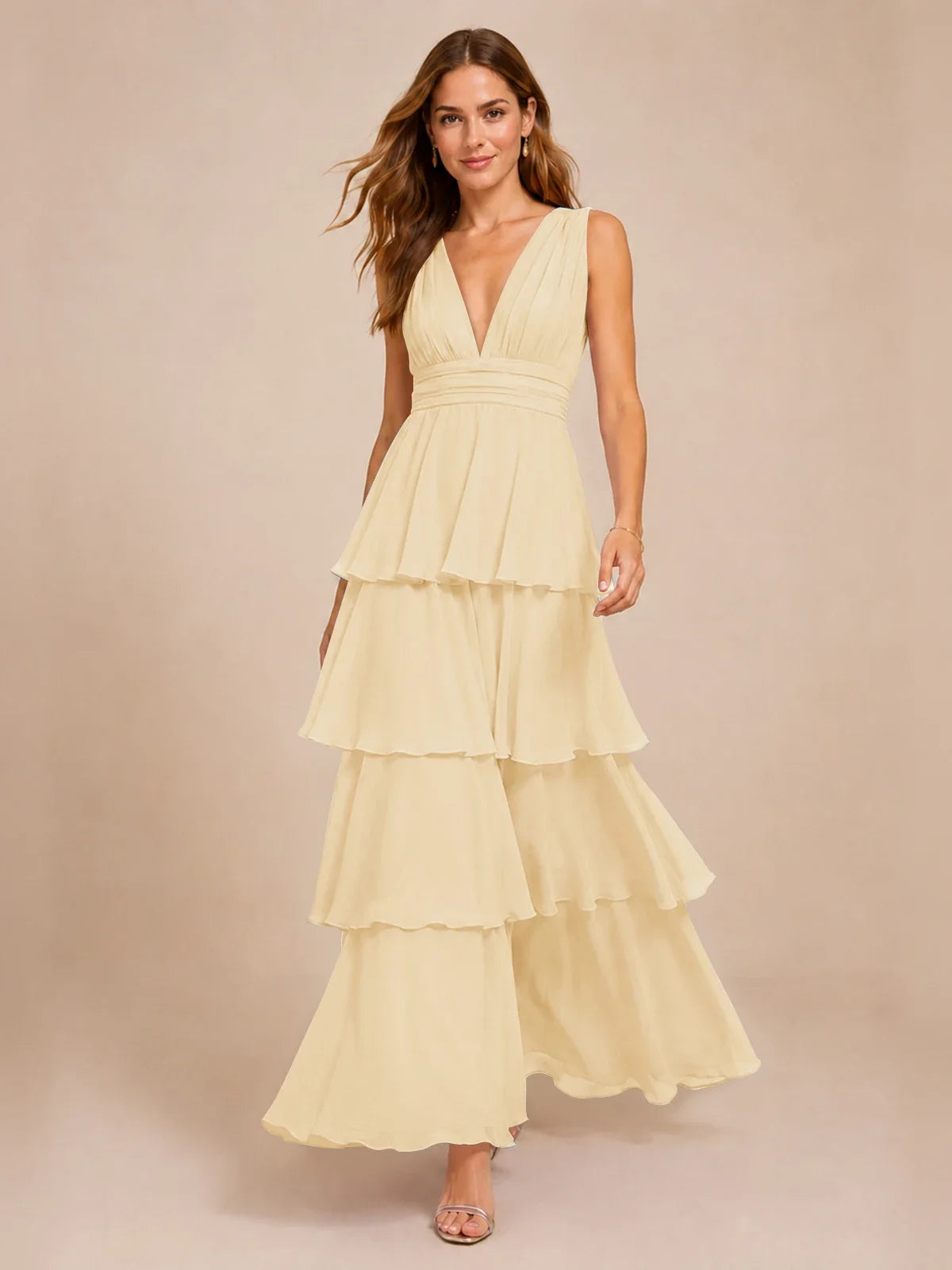 Elegant Deep V Neck Chiffon Bridesmaid Dress with Tiered Ruffles