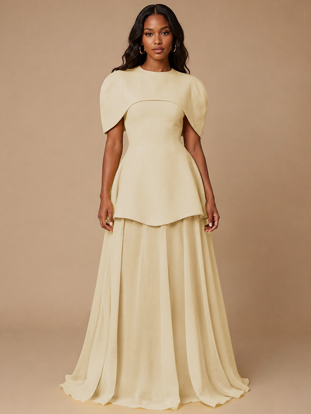 Yellow Cape Sleeve Peplum Maxi Dress
