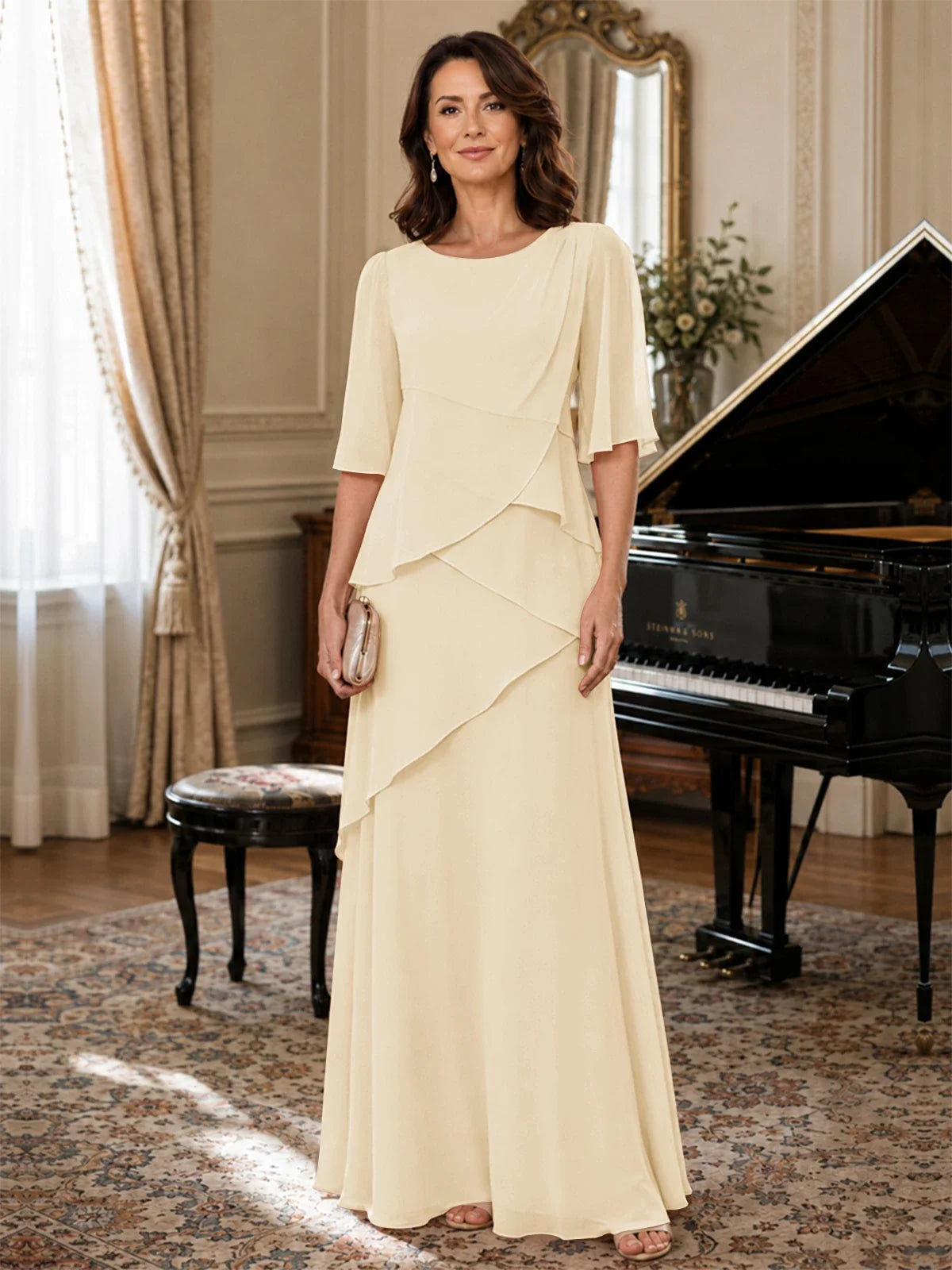 Asymmetric Draped Chiffon Mother of the Bride Dress with Flutter Sleeves