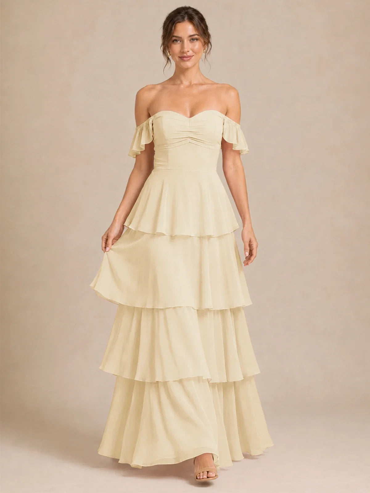 Off Shoulder Tiered Chiffon A-Line Bridesmaid Dress