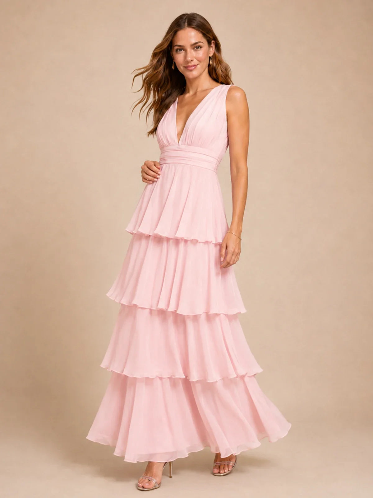 Elegant Deep V Neck Chiffon Bridesmaid Dress with Tiered Ruffles