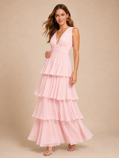 Elegant Deep V Neck Chiffon Bridesmaid Dress with Tiered Ruffles