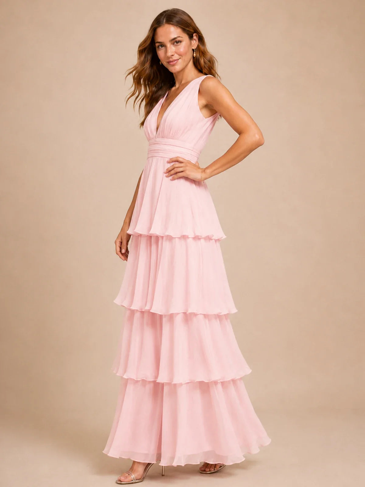 Elegant Deep V Neck Chiffon Bridesmaid Dress with Tiered Ruffles