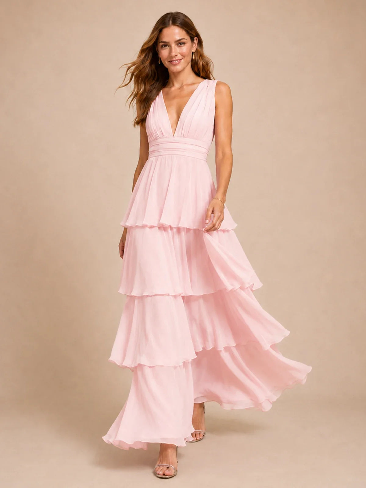 Elegant Deep V Neck Chiffon Bridesmaid Dress with Tiered Ruffles