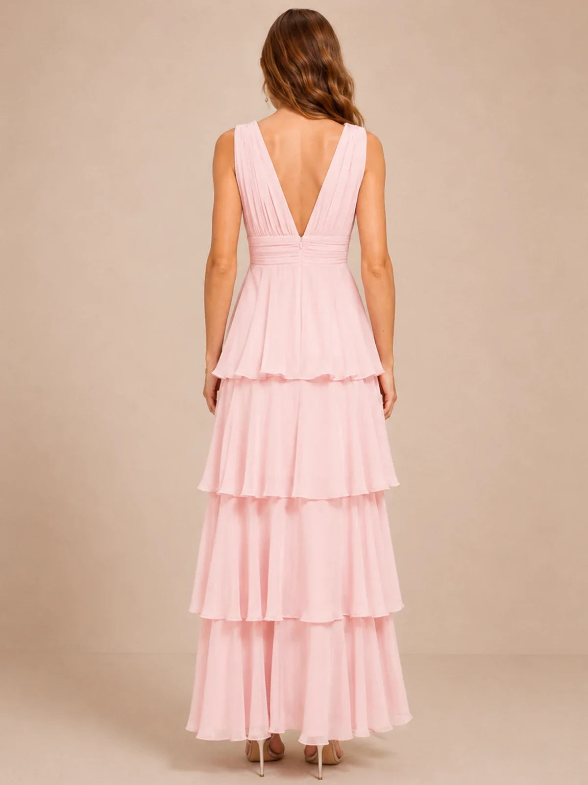 Elegant Deep V Neck Chiffon Bridesmaid Dress with Tiered Ruffles