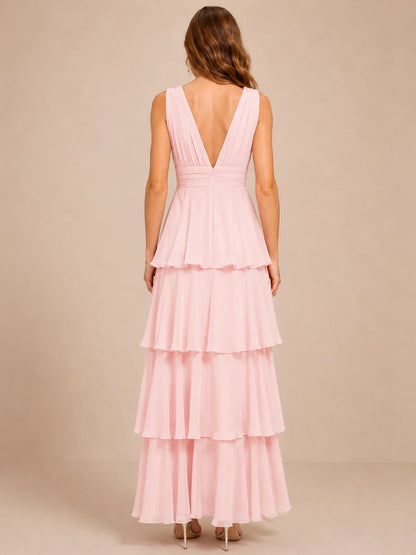 Elegant Deep V Neck Chiffon Bridesmaid Dress with Tiered Ruffles