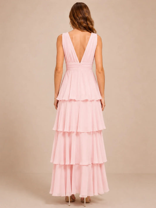 Elegant Deep V Neck Chiffon Bridesmaid Dress with Tiered Ruffles