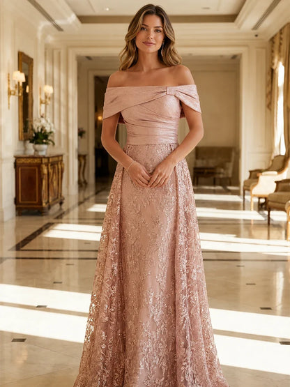 Women?ˉs Off Shoulder Floral Lace A-Line Evening Gown for Wedding Guest
