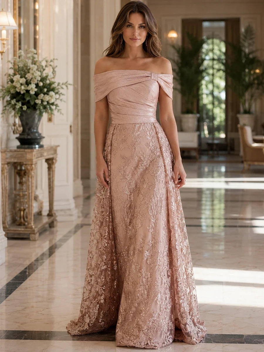 Women?ˉs Off Shoulder Floral Lace A-Line Evening Gown for Wedding Guest
