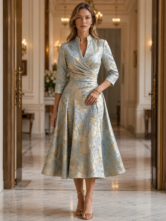 Jacquard A-Line V-Neck Tea-Length Mother of the Bride and Groom Dress