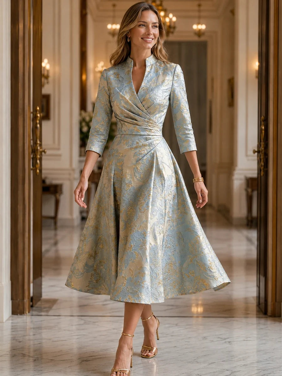 Jacquard A-Line V-Neck Tea-Length Mother of the Bride and Groom Dress