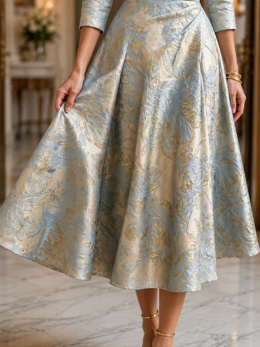Jacquard A-Line V-Neck Tea-Length Mother of the Bride and Groom Dress
