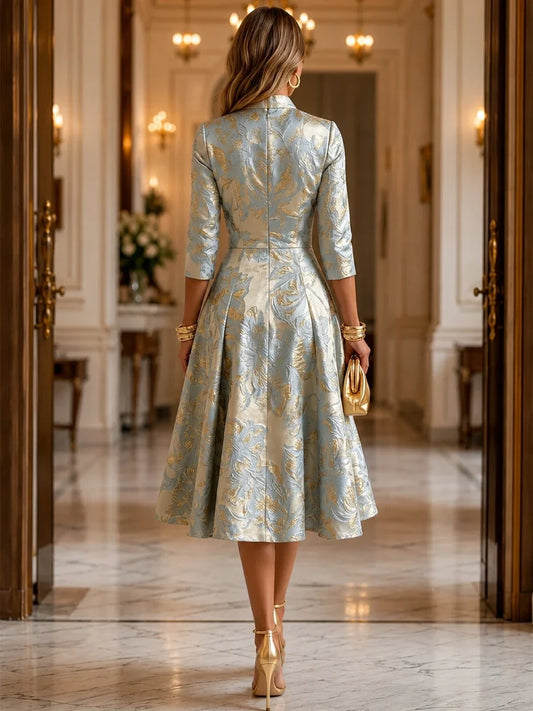 Jacquard A-Line V-Neck Tea-Length Mother of the Bride and Groom Dress
