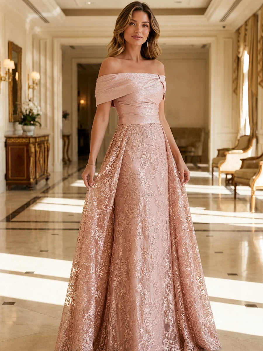 Women?ˉs Off Shoulder Floral Lace A-Line Evening Gown for Wedding Guest